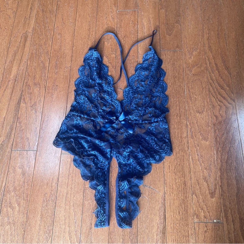 New Deep Blue Sexy Lingerie Crotchless Lace Teddy Size Small